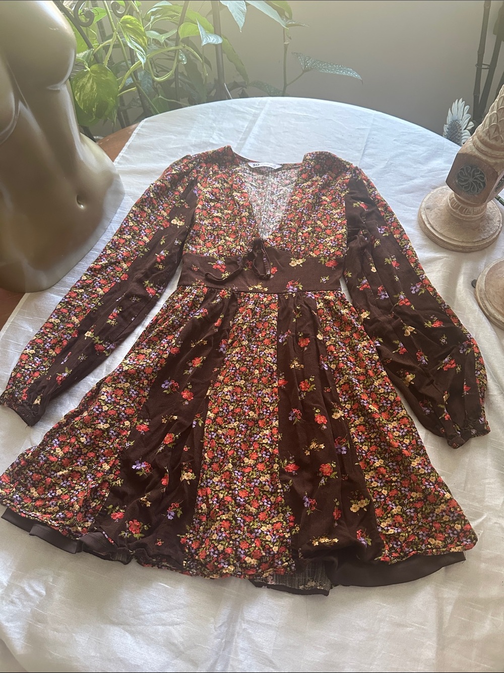 Sonoma Brown Floral Long Sleeve Mini Dress